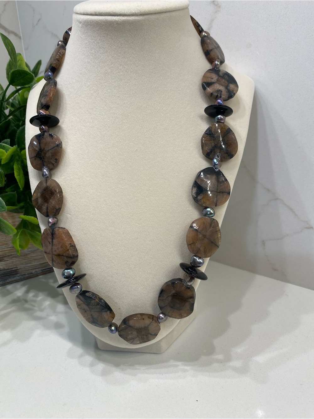 Elegant Chiastolite Stone And Freshwater Pearl Earthy Statement Necklace